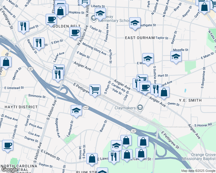 map of restaurants, bars, coffee shops, grocery stores, and more near Vale Street in Durham