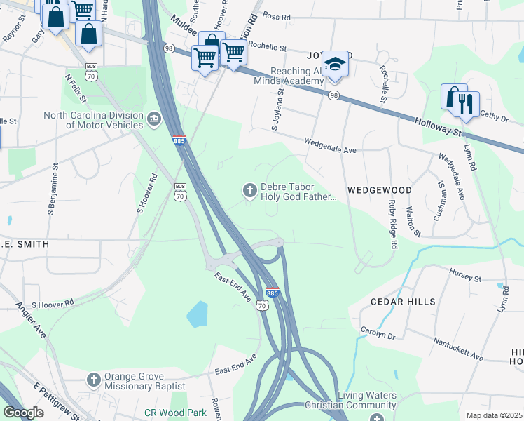 map of restaurants, bars, coffee shops, grocery stores, and more near 714 Big Twig Lane in Durham