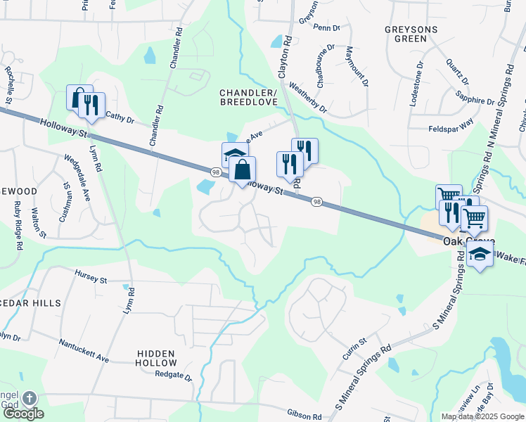 map of restaurants, bars, coffee shops, grocery stores, and more near 650 Ganyard Farm Way in Durham
