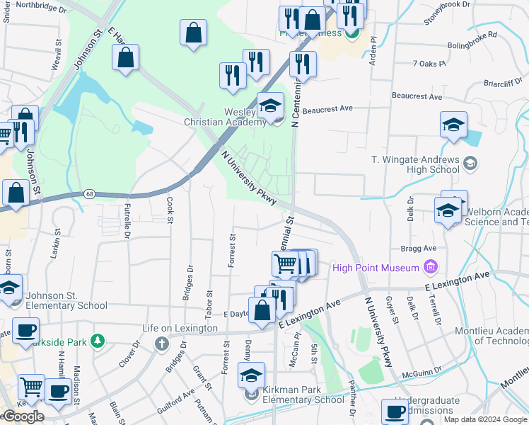 map of restaurants, bars, coffee shops, grocery stores, and more near 1708 Norwood Court North in High Point