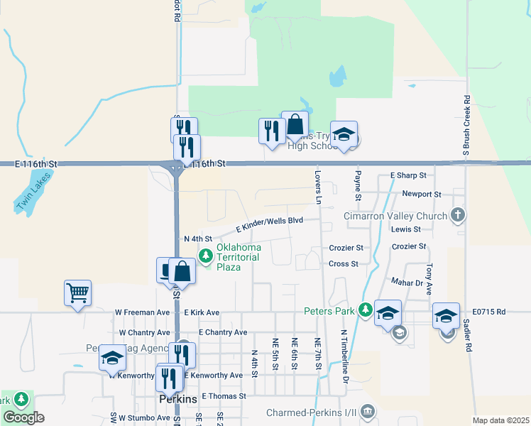 map of restaurants, bars, coffee shops, grocery stores, and more near 414 East Kinder/Wells Boulevard in Perkins