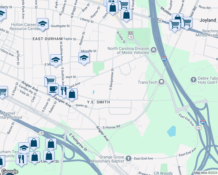 map of restaurants, bars, coffee shops, grocery stores, and more near 304 South Benjamine Street in Durham