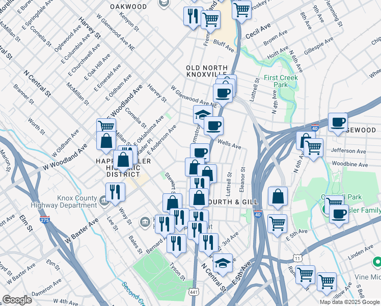 map of restaurants, bars, coffee shops, grocery stores, and more near 1127 North Broadway in Knoxville