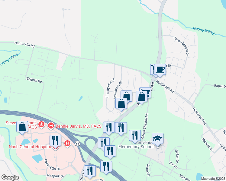 map of restaurants, bars, coffee shops, grocery stores, and more near 1004 Strawbush Road in Rocky Mount