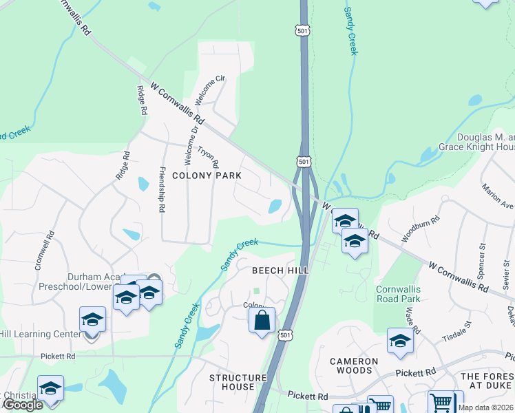 map of restaurants, bars, coffee shops, grocery stores, and more near 1219 Birchbark Road in Durham