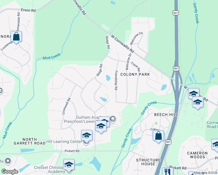 map of restaurants, bars, coffee shops, grocery stores, and more near 2944 Friendship Road in Durham