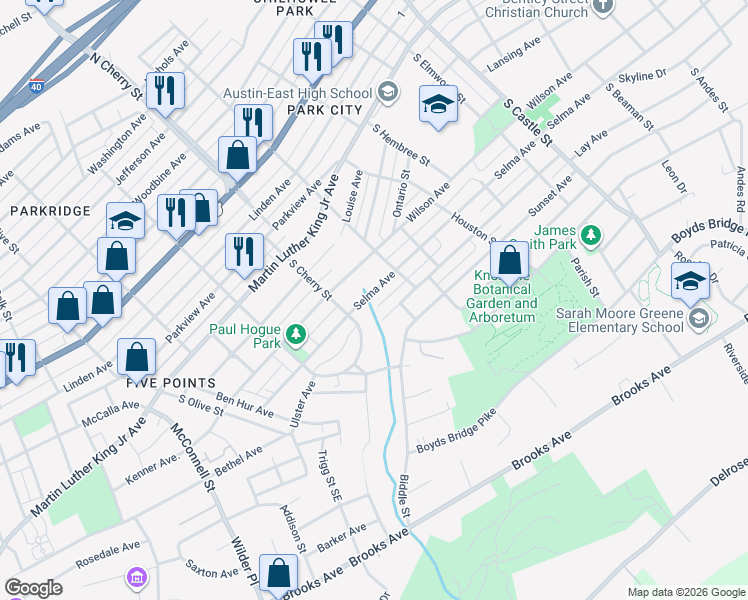 map of restaurants, bars, coffee shops, grocery stores, and more near 2644 Selma Avenue in Knoxville