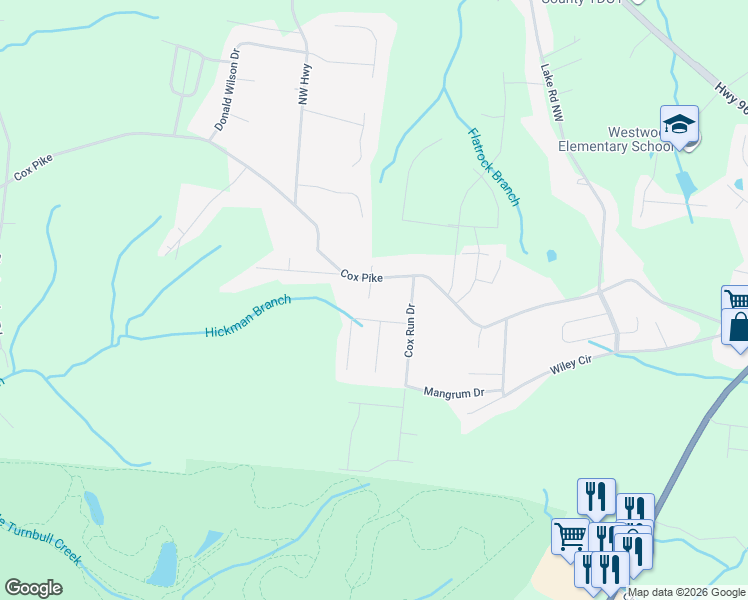 map of restaurants, bars, coffee shops, grocery stores, and more near 7369 Cox Pike in Fairview