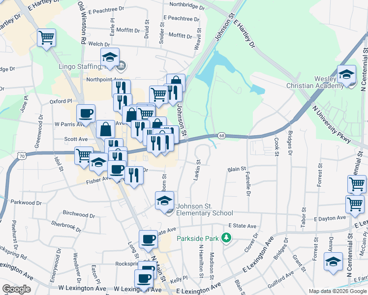 map of restaurants, bars, coffee shops, grocery stores, and more near 1833 Johnson Street in High Point