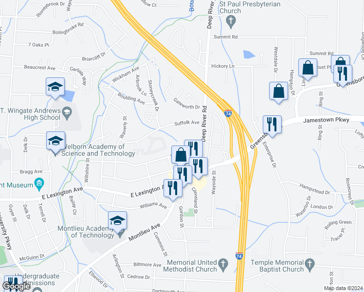 map of restaurants, bars, coffee shops, grocery stores, and more near 2613 Woodruff Avenue in High Point
