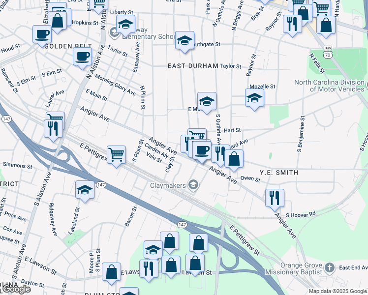 map of restaurants, bars, coffee shops, grocery stores, and more near 2008 Ashe Street in Durham
