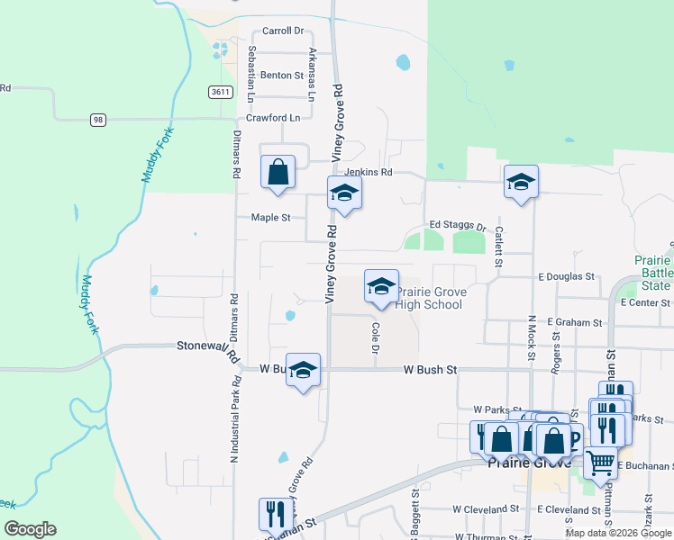 map of restaurants, bars, coffee shops, grocery stores, and more near 606 Shady Acres Lane in Prairie Grove
