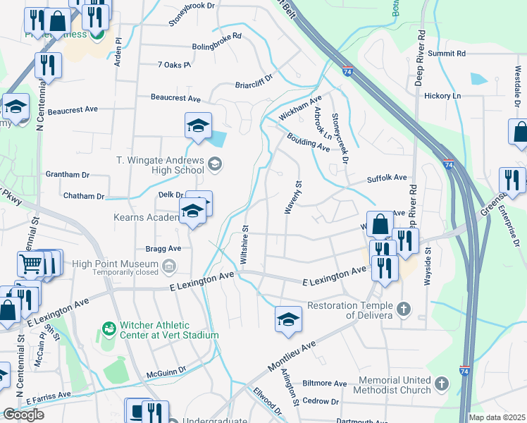 map of restaurants, bars, coffee shops, grocery stores, and more near 1512 Wiltshire Street in High Point