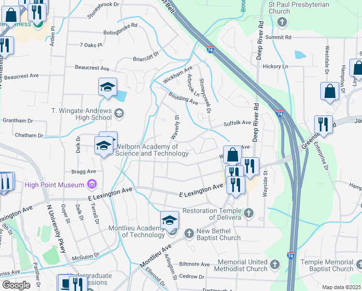 map of restaurants, bars, coffee shops, grocery stores, and more near 2508 Suffolk Avenue in High Point