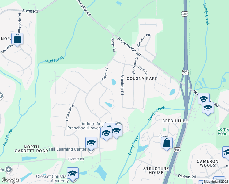 map of restaurants, bars, coffee shops, grocery stores, and more near 2944 Friendship Road in Durham