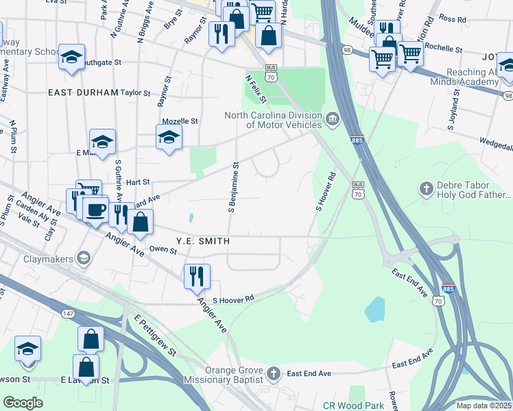 map of restaurants, bars, coffee shops, grocery stores, and more near 2718 Sater Street in Durham