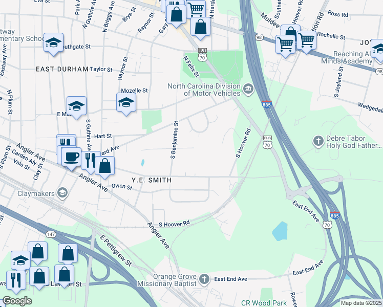 map of restaurants, bars, coffee shops, grocery stores, and more near 2718 Sater Street in Durham