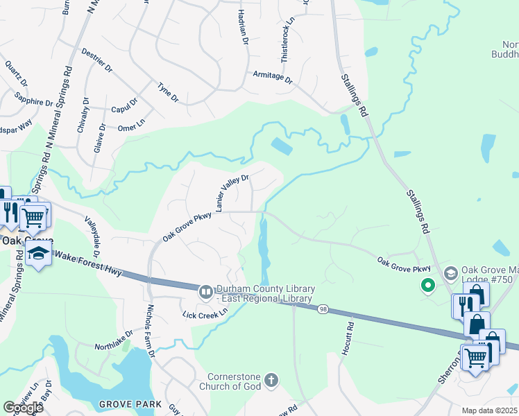 map of restaurants, bars, coffee shops, grocery stores, and more near 8 Epping Court in Durham