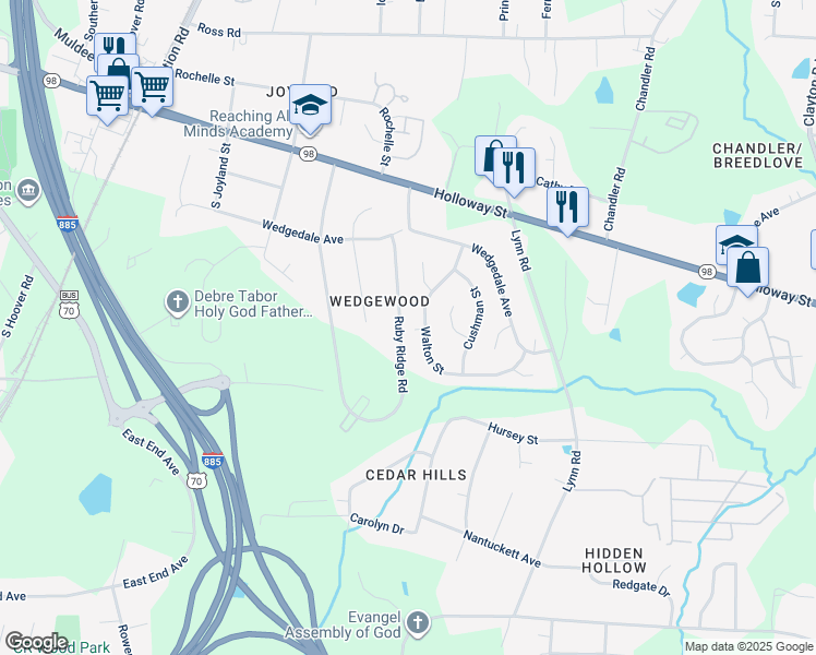 map of restaurants, bars, coffee shops, grocery stores, and more near 235 Ruby Ridge Road in Durham