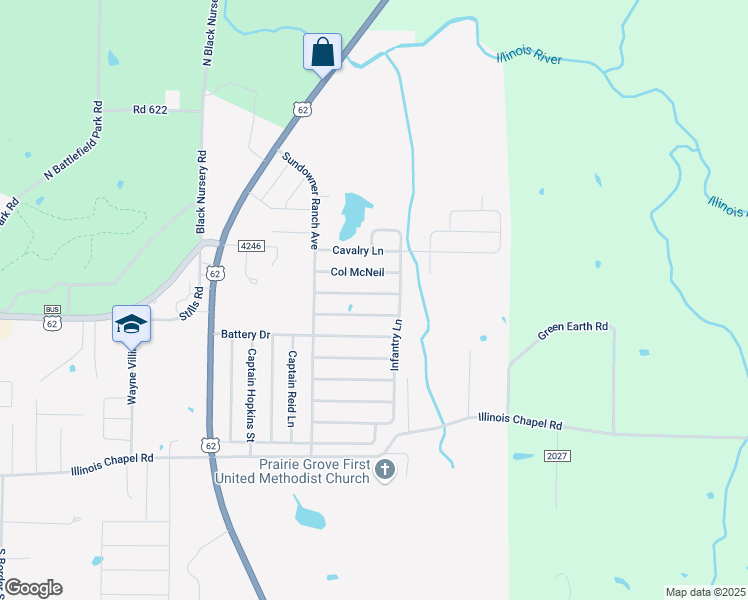 map of restaurants, bars, coffee shops, grocery stores, and more near 1360 Colonel Hawthorne Drive in Prairie Grove