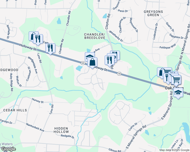 map of restaurants, bars, coffee shops, grocery stores, and more near 650 Ganyard Farm Way in Durham