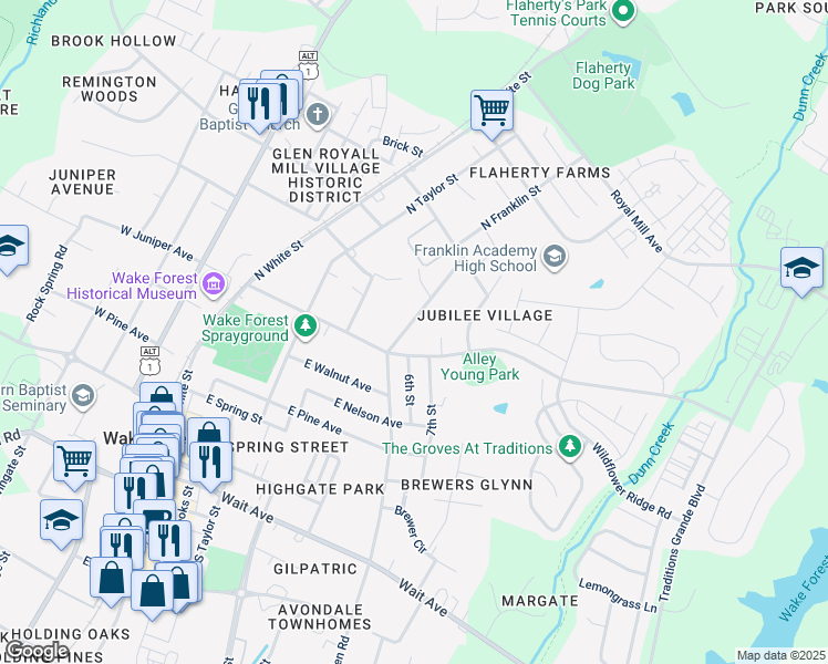 map of restaurants, bars, coffee shops, grocery stores, and more near 526 North Allen Road in Wake Forest