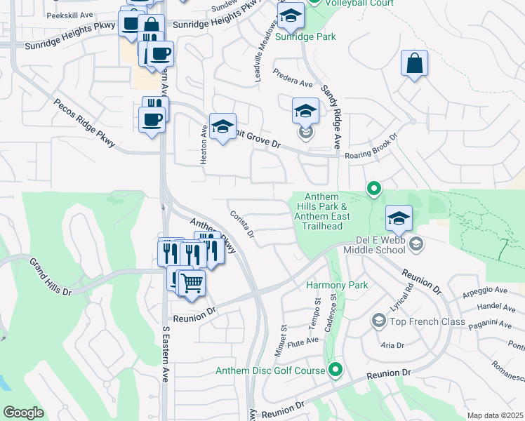 map of restaurants, bars, coffee shops, grocery stores, and more near 1237 Sonatina Drive in Henderson