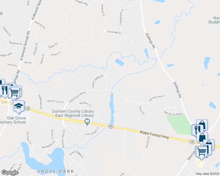 map of restaurants, bars, coffee shops, grocery stores, and more near 8 Epping Court in Durham
