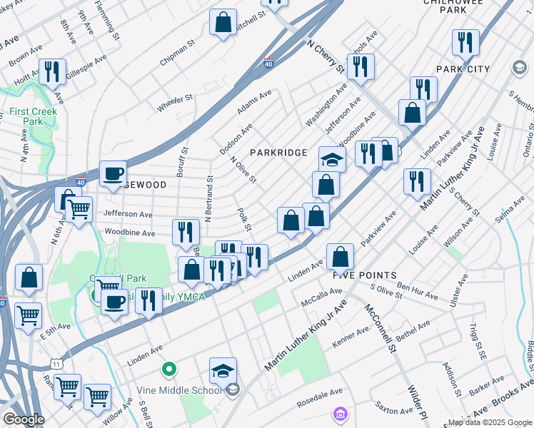map of restaurants, bars, coffee shops, grocery stores, and more near 2301 Woodbine Avenue in Knoxville