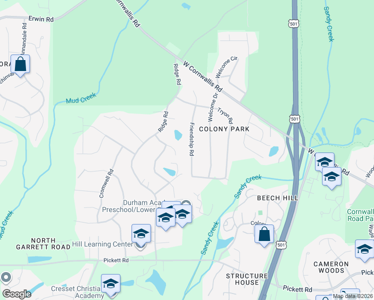 map of restaurants, bars, coffee shops, grocery stores, and more near 2944 Friendship Road in Durham