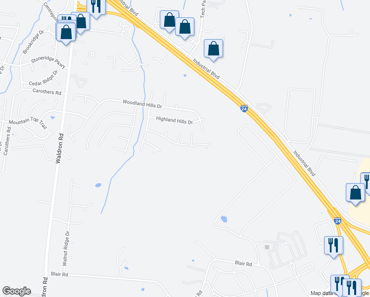 map of restaurants, bars, coffee shops, grocery stores, and more near 1564 Laurel Ledge Drive in La Vergne