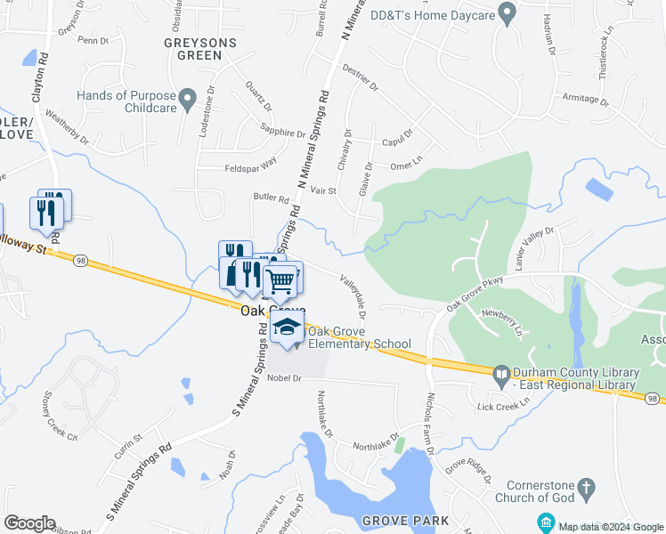 map of restaurants, bars, coffee shops, grocery stores, and more near 3811 Valleydale Drive in Durham