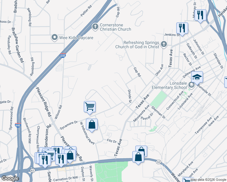 map of restaurants, bars, coffee shops, grocery stores, and more near 3401 Savoy Street in Knoxville