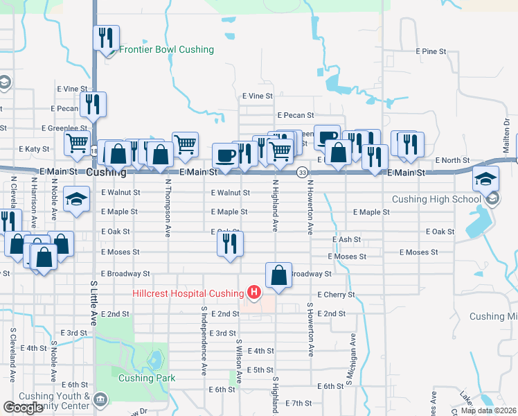 map of restaurants, bars, coffee shops, grocery stores, and more near 1024 East Maple Street in Cushing