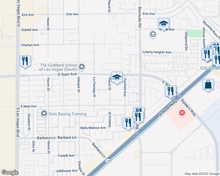 map of restaurants, bars, coffee shops, grocery stores, and more near 11420 Placid Street in Las Vegas