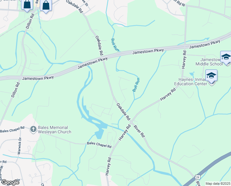 map of restaurants, bars, coffee shops, grocery stores, and more near 547 Oakdale Road in Jamestown