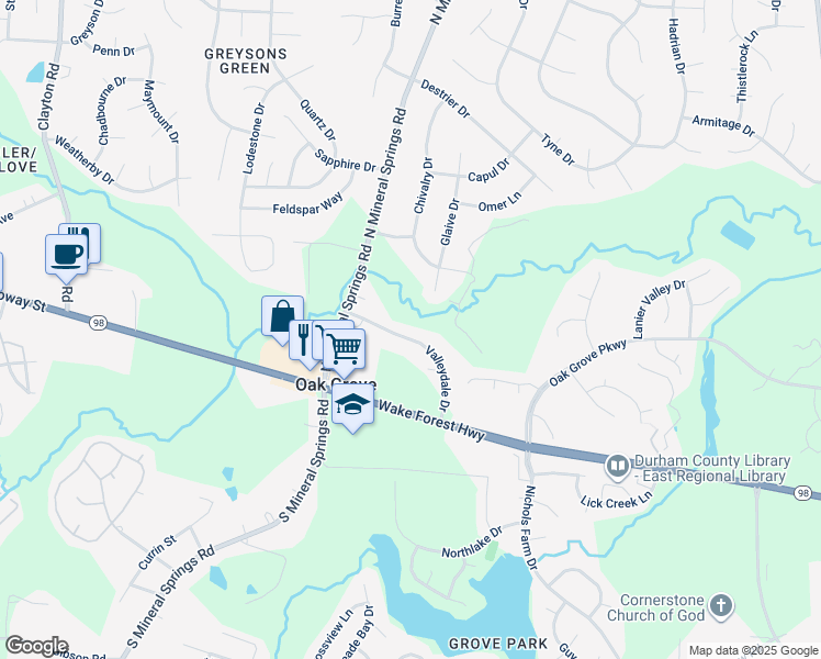 map of restaurants, bars, coffee shops, grocery stores, and more near 3811 Valleydale Drive in Durham
