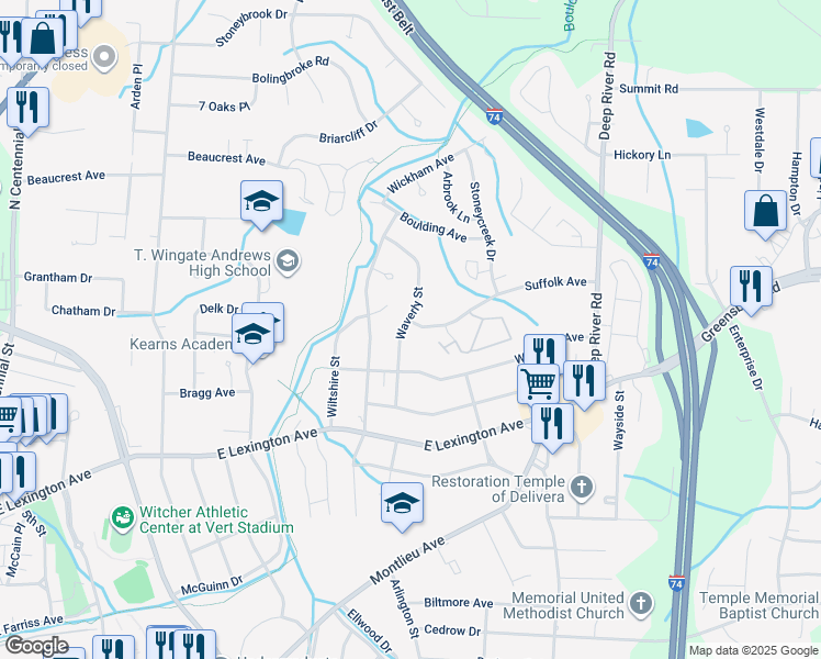 map of restaurants, bars, coffee shops, grocery stores, and more near 1606 Waverly Street in High Point