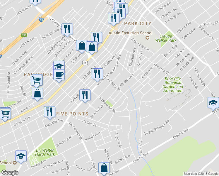 map of restaurants, bars, coffee shops, grocery stores, and more near 2546 Louise Avenue in Knoxville