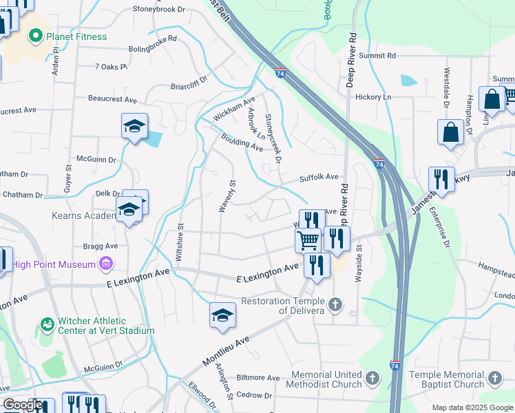 map of restaurants, bars, coffee shops, grocery stores, and more near 2520 Suffolk Avenue in High Point