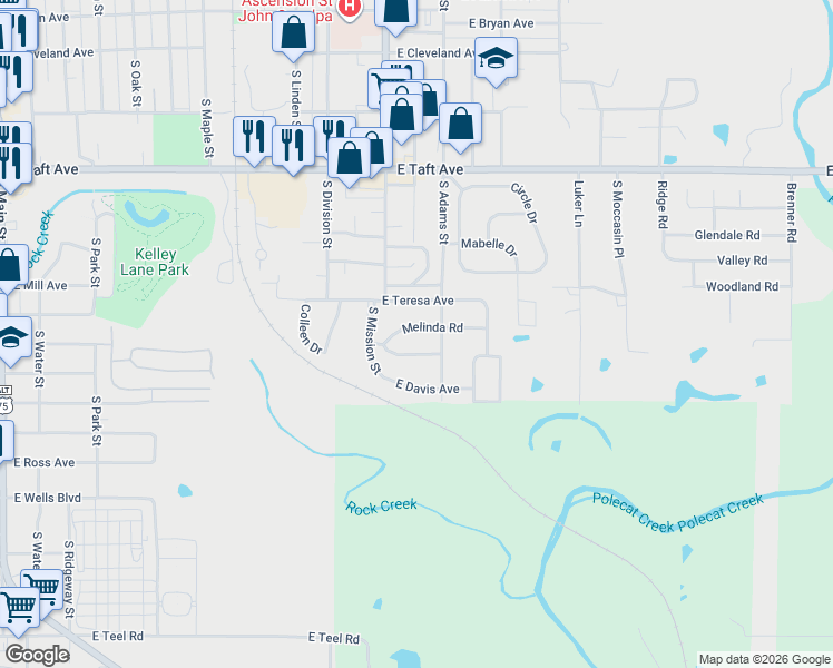 map of restaurants, bars, coffee shops, grocery stores, and more near 1116 Melinda Road in Sapulpa