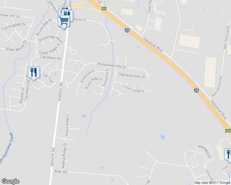 map of restaurants, bars, coffee shops, grocery stores, and more near 741 Woodland Hills Drive in La Vergne