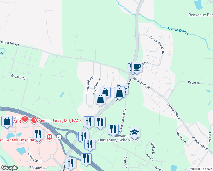 map of restaurants, bars, coffee shops, grocery stores, and more near 1104 Old Forge Road in Rocky Mount
