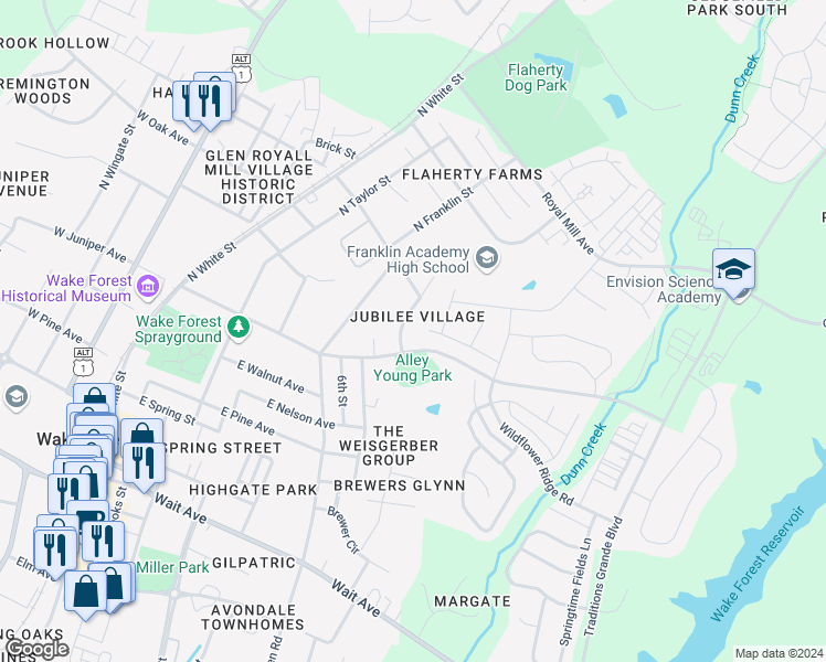 map of restaurants, bars, coffee shops, grocery stores, and more near 601 Summertime Field Lane in Wake Forest