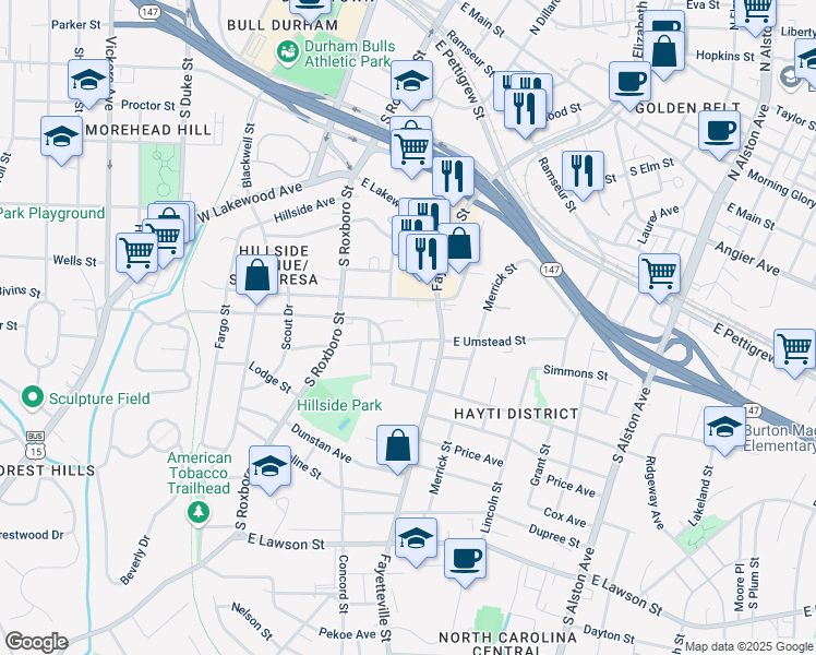map of restaurants, bars, coffee shops, grocery stores, and more near 13 Fisher Place in Durham