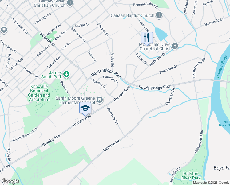 map of restaurants, bars, coffee shops, grocery stores, and more near 1460 Patricia Circle in Knoxville