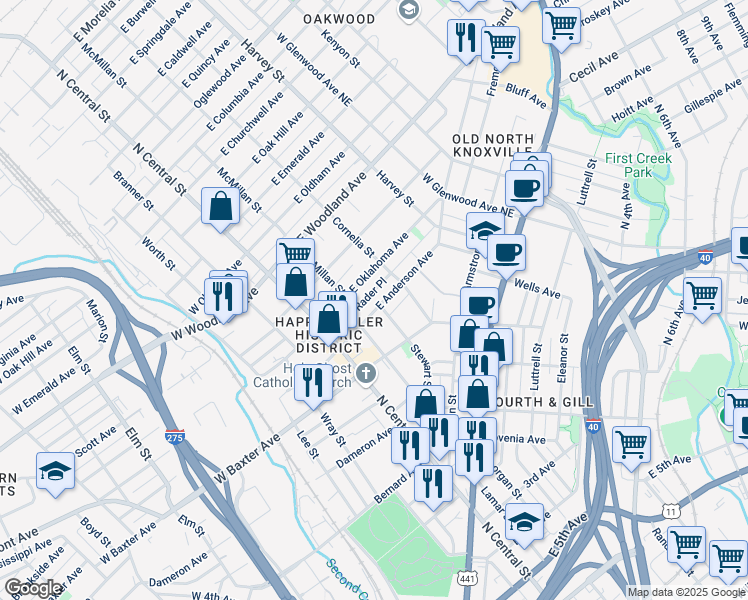 map of restaurants, bars, coffee shops, grocery stores, and more near 231 East Anderson Avenue in Knoxville