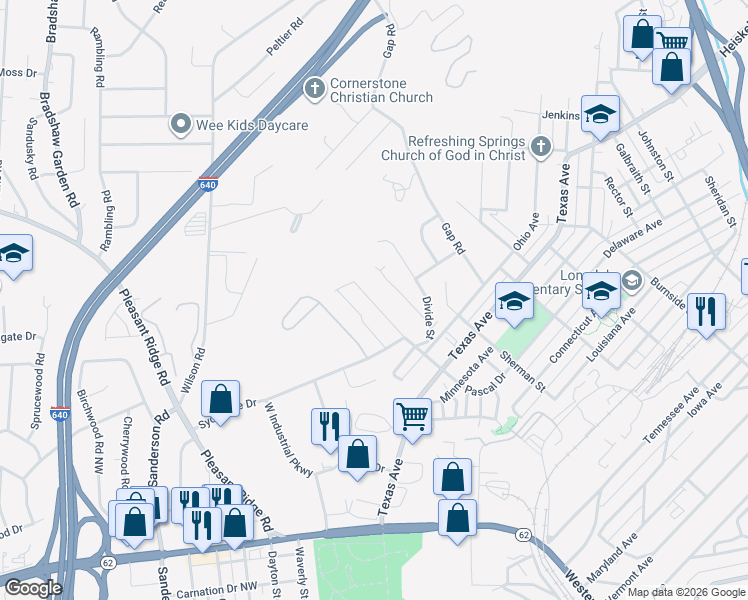 map of restaurants, bars, coffee shops, grocery stores, and more near 3401 Savoy Street in Knoxville
