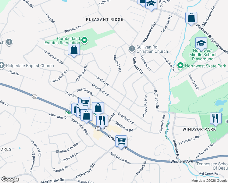 map of restaurants, bars, coffee shops, grocery stores, and more near 4312 Landon Drive in Knoxville