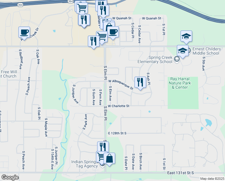 map of restaurants, bars, coffee shops, grocery stores, and more near 7404 South Date Place in Broken Arrow